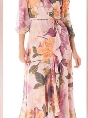Maison Tara Pink Floral Ruffle Maxi Dress